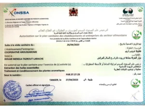 Attestation ONSSA pour la Coopérative Aroussarome – Autorisation sanitaire pour l’extraction d’huiles essentielles et plantes aromatiques