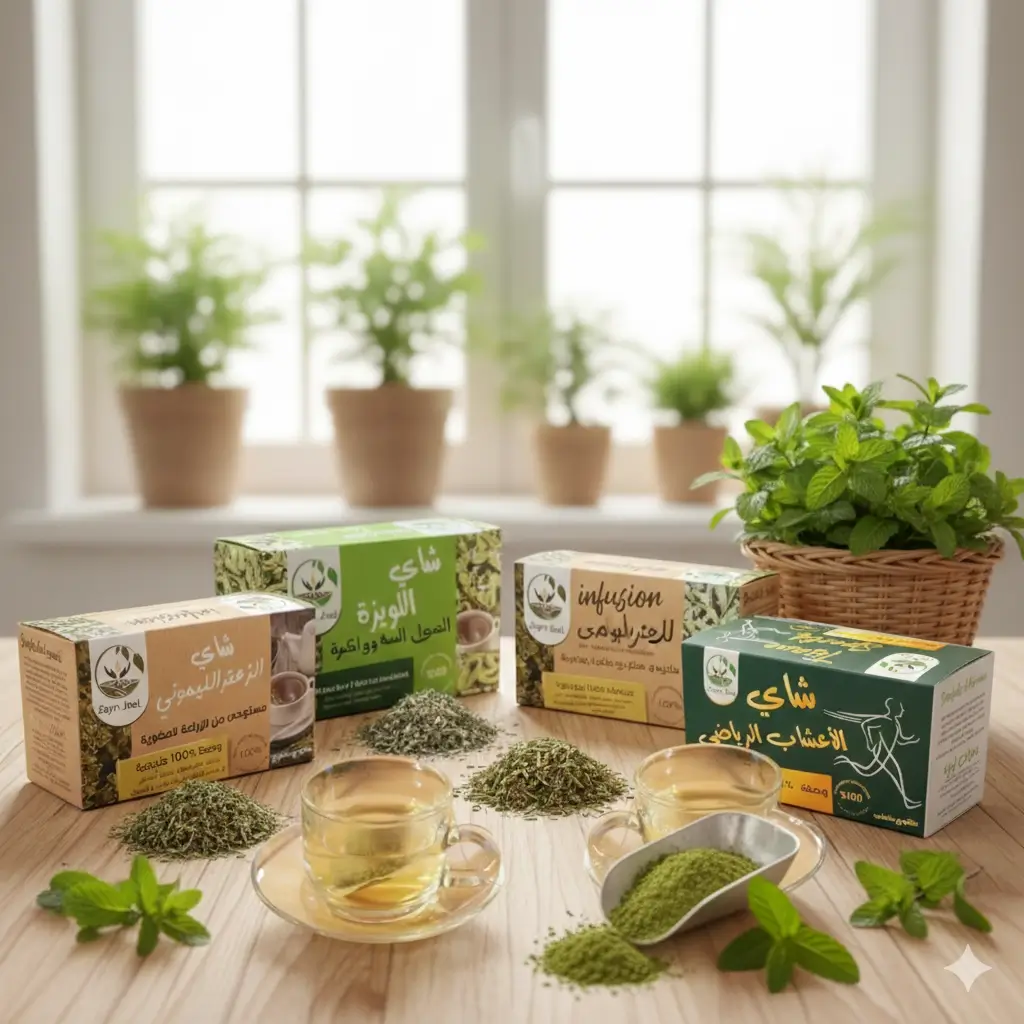 Gamme de Tisanes Naturelles – Fraîcheur, Bien-être & Vitalité Collection de boîtes de tisanes aromatiques (menthe, citron, thé vert) disposées sur une table en bois clair, avec des feuilles fraîches, des infusions dans des tasses en verre et des plantes en pot à l’arrière-plan.