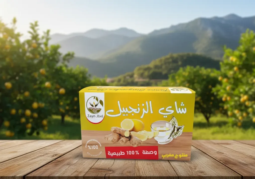 Thé Gingembre Citron Zayn Jbel, sur table de cuisine, arrière-plan montagnes et citronniers, boisson bio détox