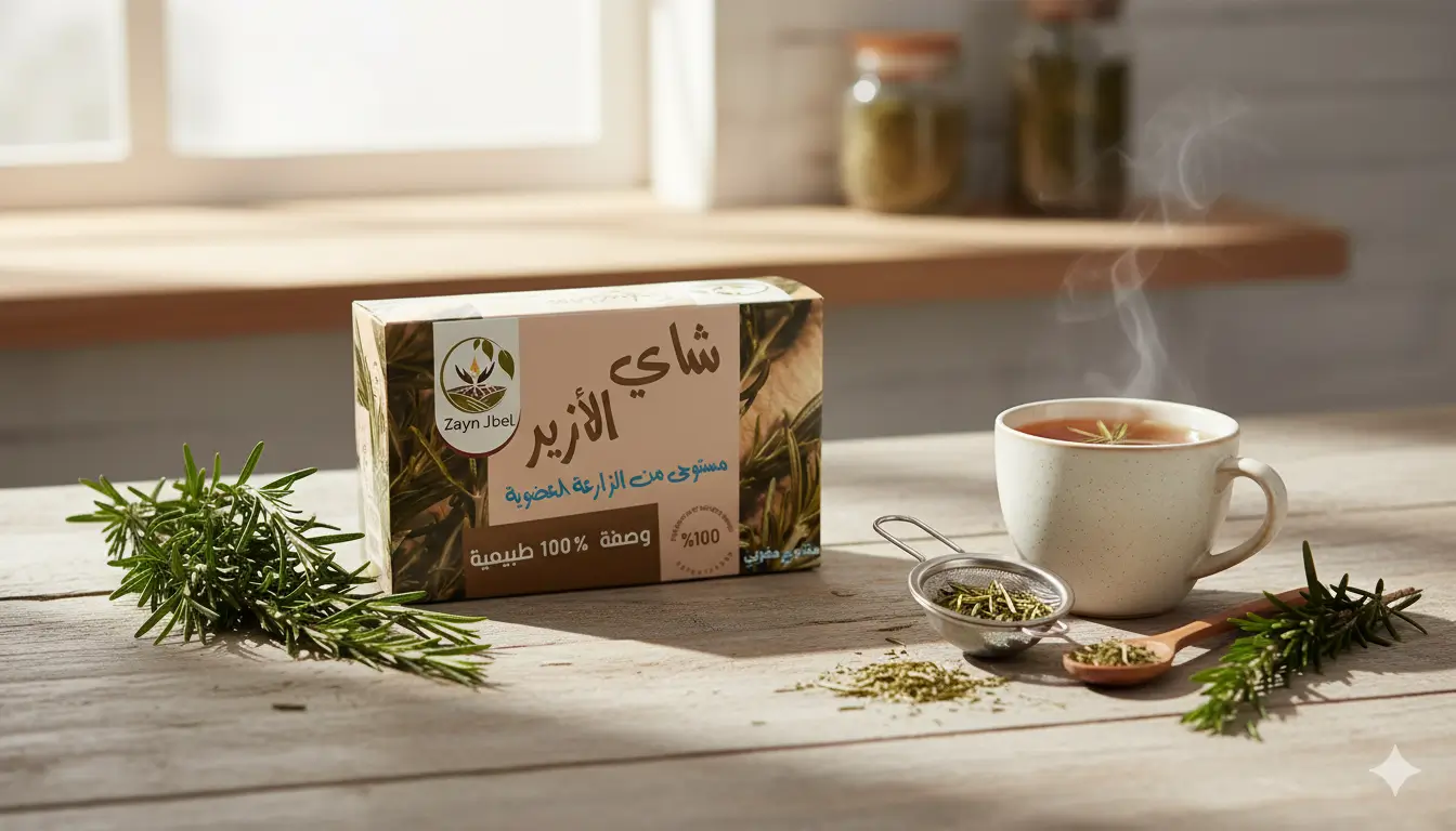 Tasse Tisane Romarin ZAYNJBEL sur bois près fenêtre lumière naturelle