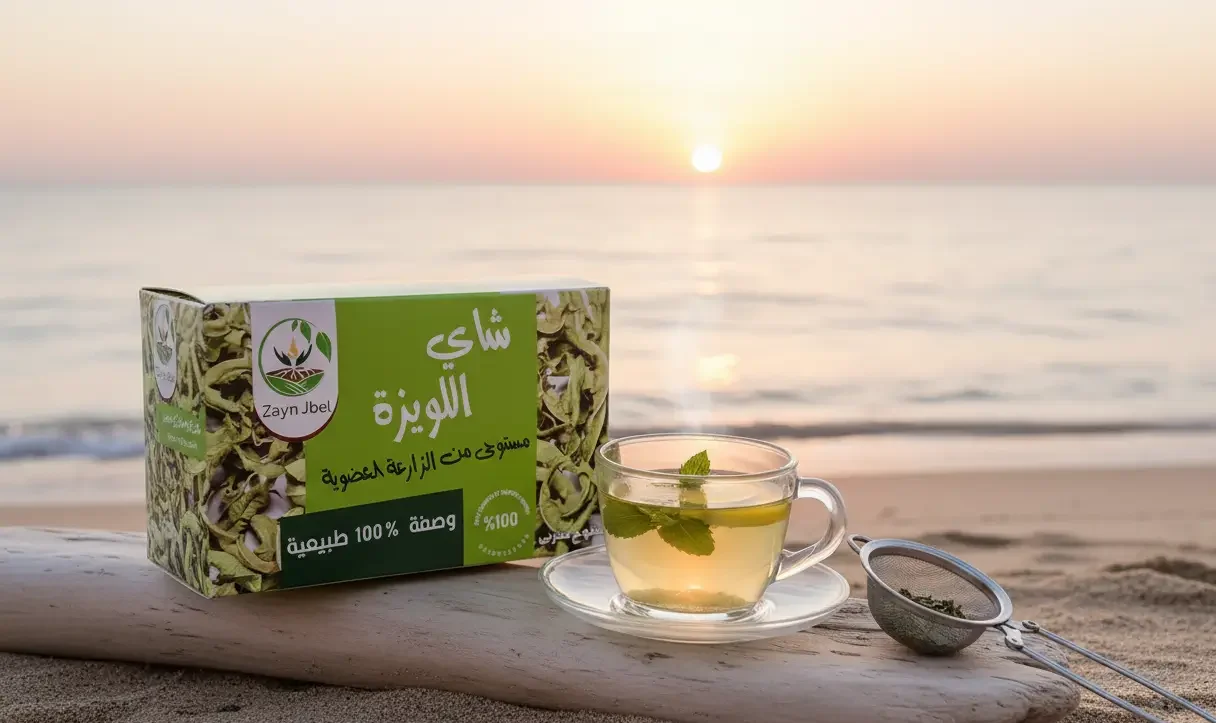 Plan rapproché de la Tisane Verveine شاي اللويزة Zayn Jbel sur la plage — boisson naturelle, fraîche, et idéale pour les moments de détente
