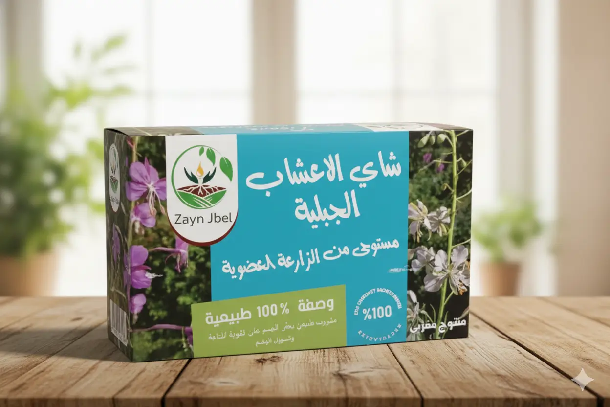 Tisane des Plantes de Montagne Biologique Zayn Jbel, boîte et tasse infusée 100% naturelle.