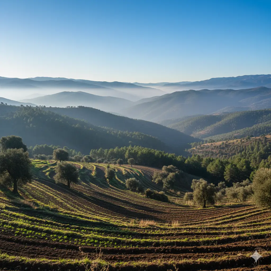 Collines en Terrasses au Lever du Jour Paysage de collines en terrasses avec des cultures en rangées, des oliviers dispersés et des montagnes lointaines baignées de brume sous un ciel bleu clair