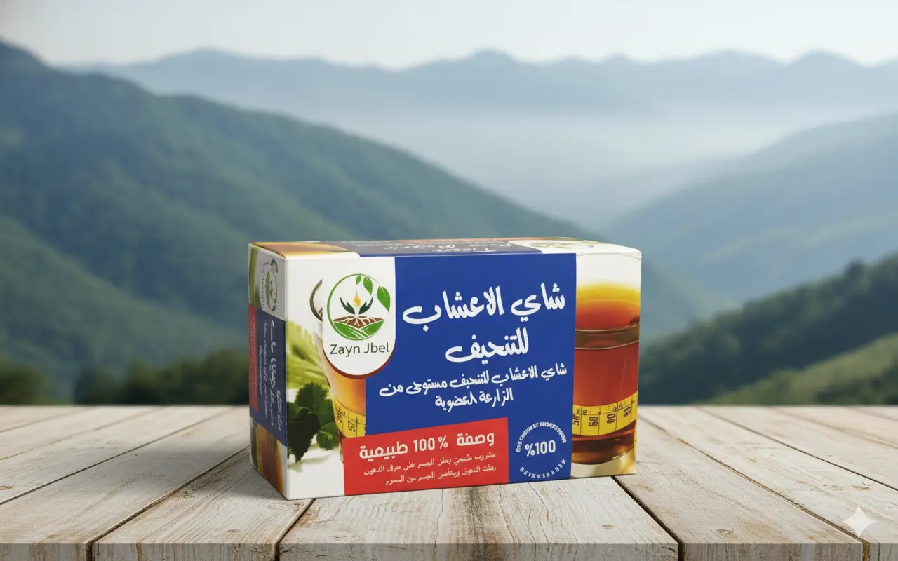 Tisane pour maigrir de la marque ZaynJbel, posée sur une table en bois avec un fond de montagnes verdoyantes — produit 100 % naturel pour la perte de poids.