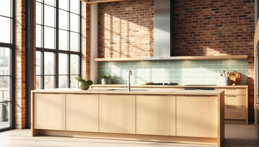 cuisine moderne avec matériaux naturels et vert sauge